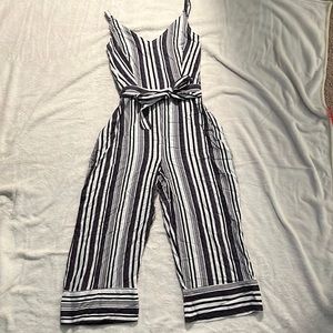 derek heart, long purple and white striped romper, size S